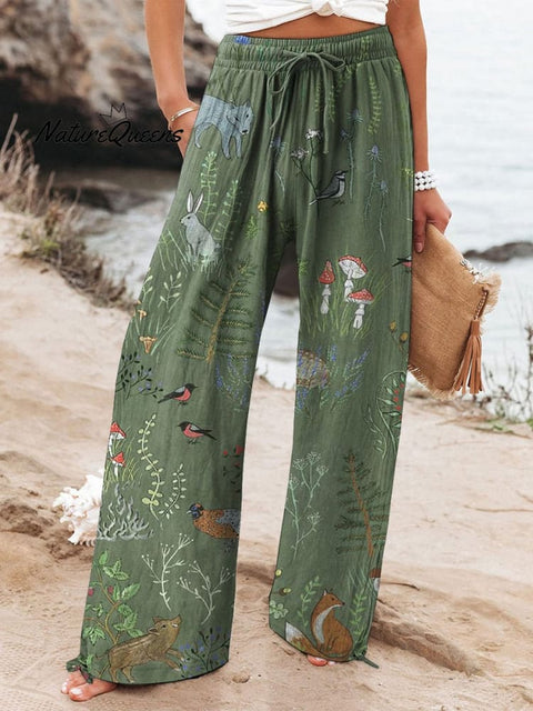 Woodland And Animal Pattern Printed Women’s Cotton Linen Casual Pants Green / S