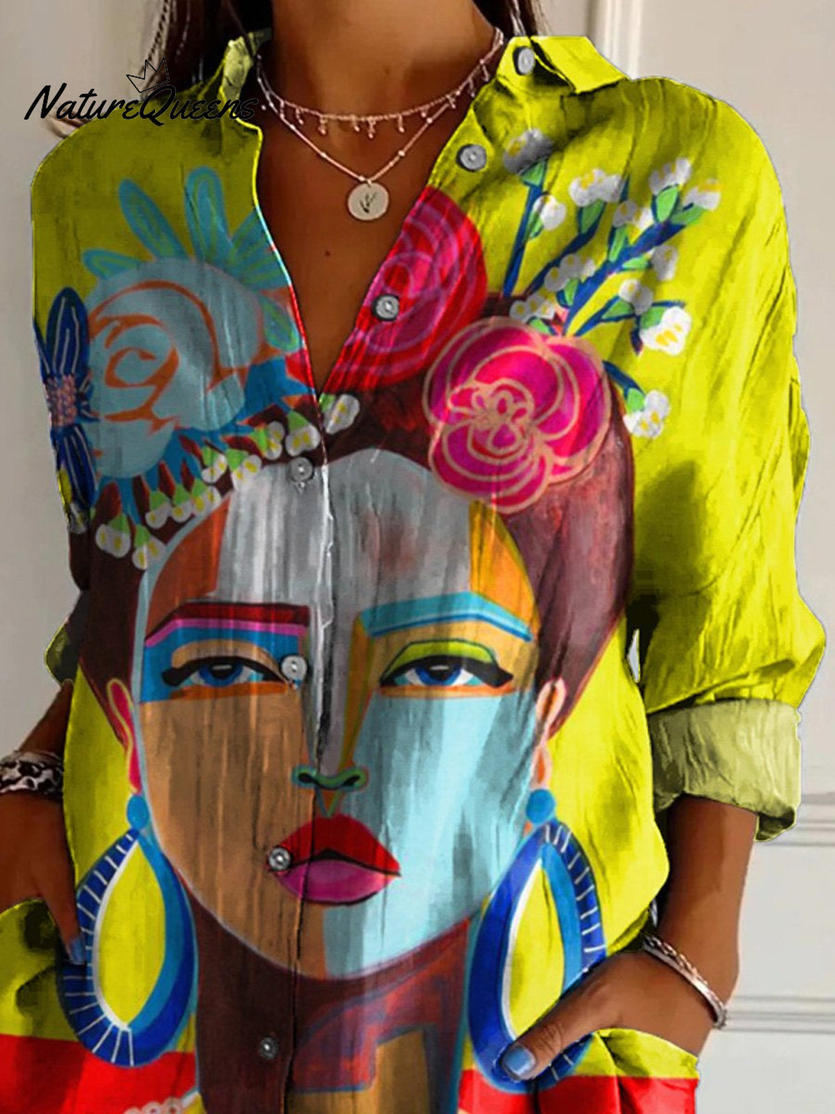 Oil Painting Freda Portrait Art Printed Women's Casual Cotton Shirt