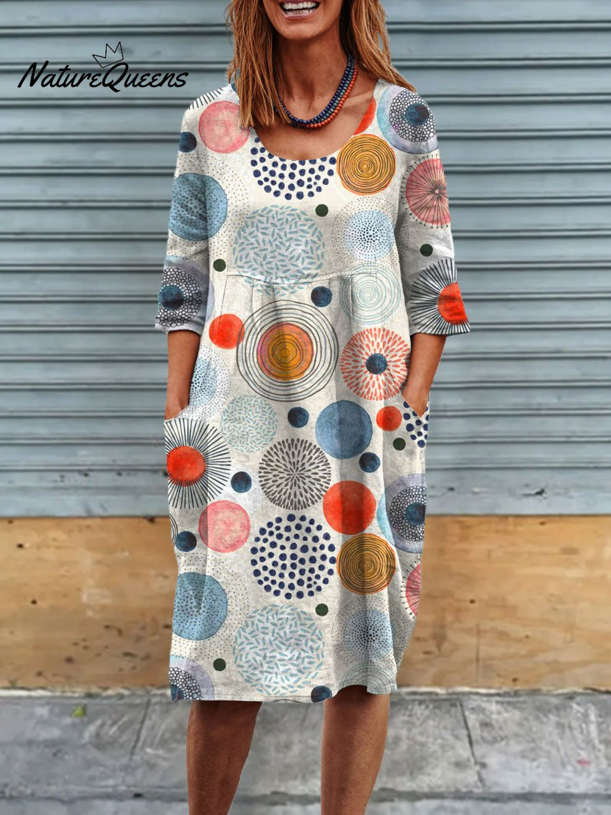 Women’s Abstract Art Print Linen Pocket Tunic Dress Multicolor / S