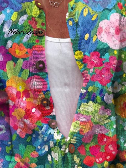 Women's Lovely Floral Art Print Buttoned Cardigan Sweater