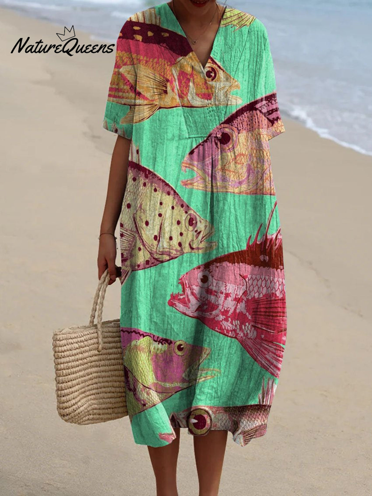 Women's Vintage Lovely Fish Art Print Flowy Dress