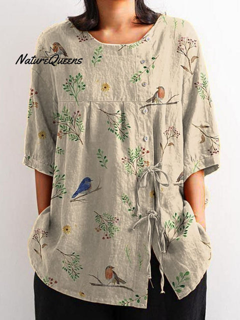 Boughs And Robin Birds Pattern Printed Women's Casual Cotton And Linen Shirt