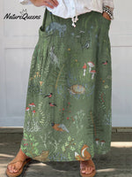 Woodland And Animals Pattern Printed Women’s Linen Pocket Skirt / S