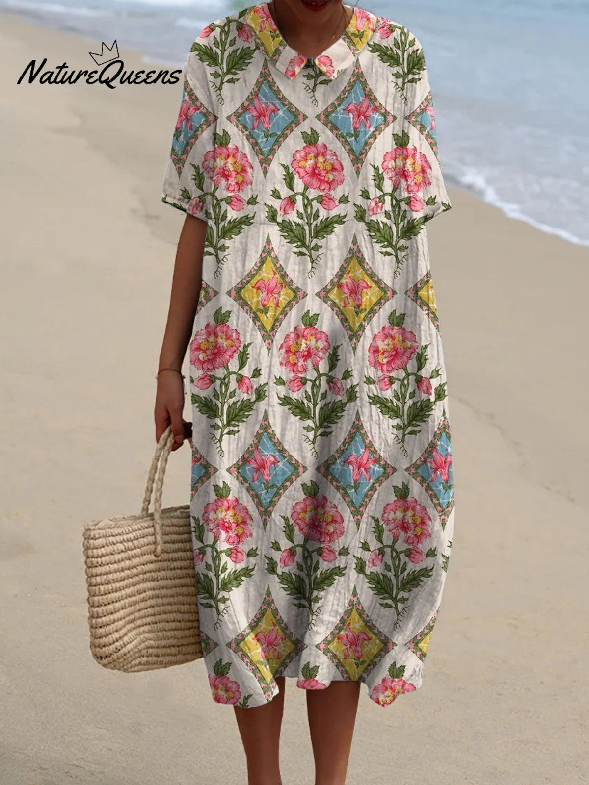 Women's Vintage Floral Art Print Pocket Linen Dress（Convertible Dress With Front And Back Option）