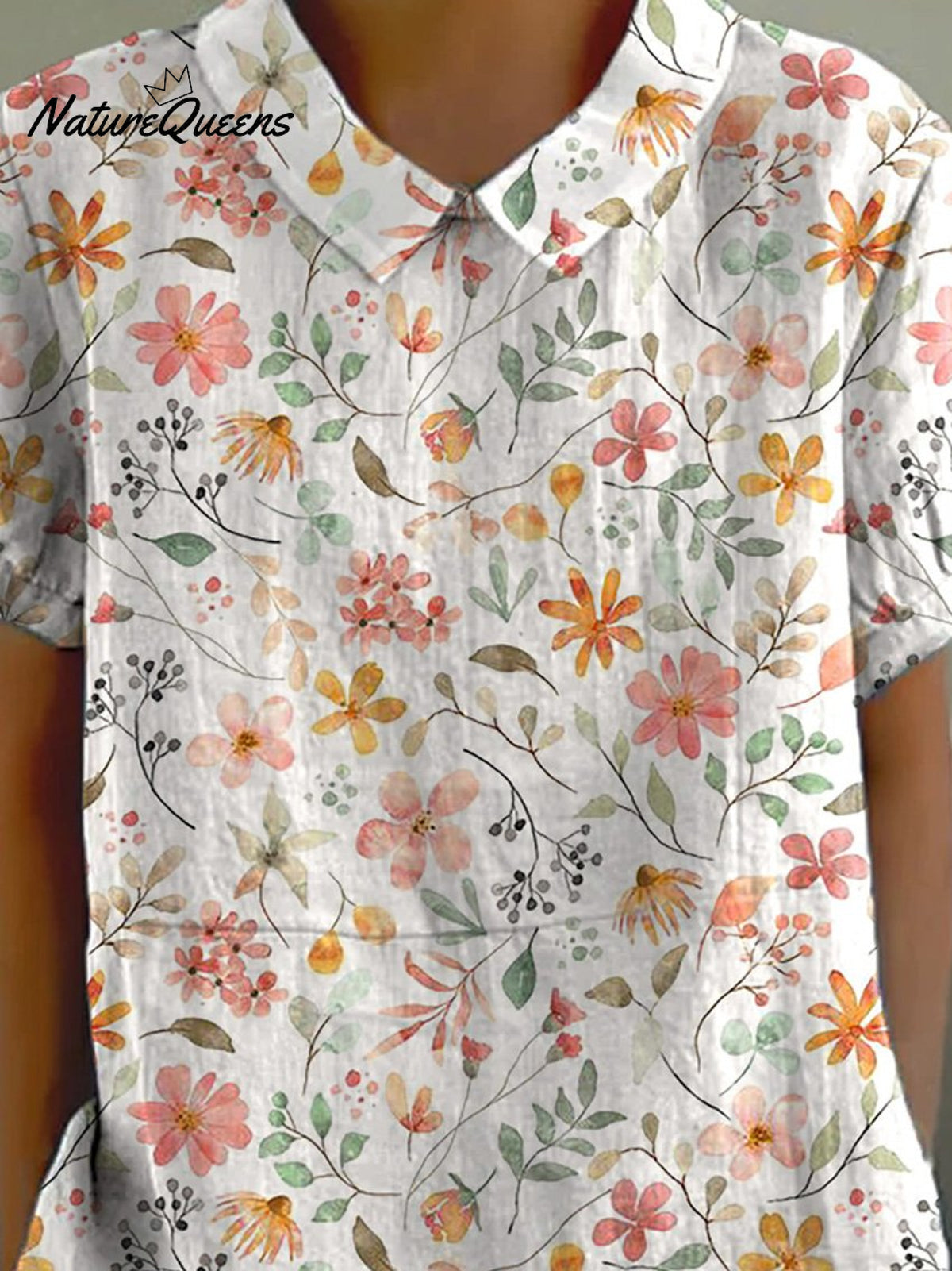 Sweet Watercolor Floral Repeat Pattern Printed Women’s Casual Cotton And Linen Shirt