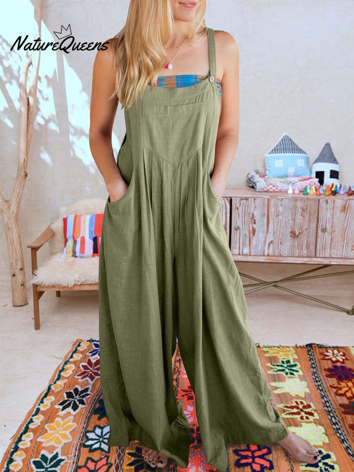 Women’s Solid Color Loose Elegant Casual Cotton Linen Suspender Jumpsuit Olive Green / S