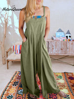 Women’s Solid Color Loose Elegant Casual Cotton Linen Suspender Jumpsuit Olive Green / S