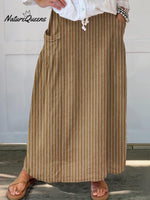 Women’s Striped Abstract Geometry Art Pattern Print Linen Pocket Skirt Brown / S