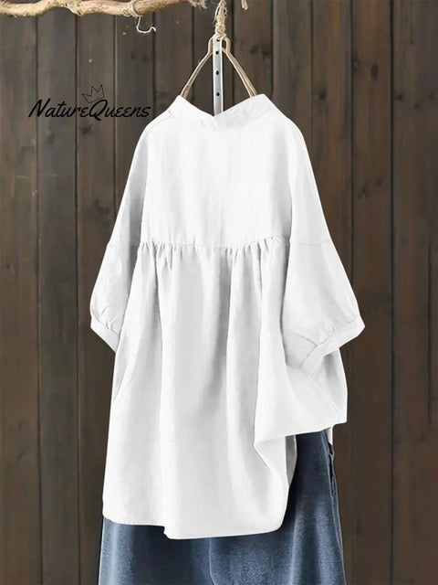 Women's Single Breasted Solid Color Pullover Casual Loose Cotton And Linen Shirt