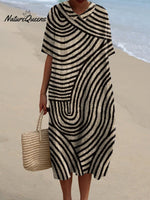 Women's Retro Hand Drawn Geometric Line Print Pocket Linen Dress（Convertible Dress With Front And Back Option）