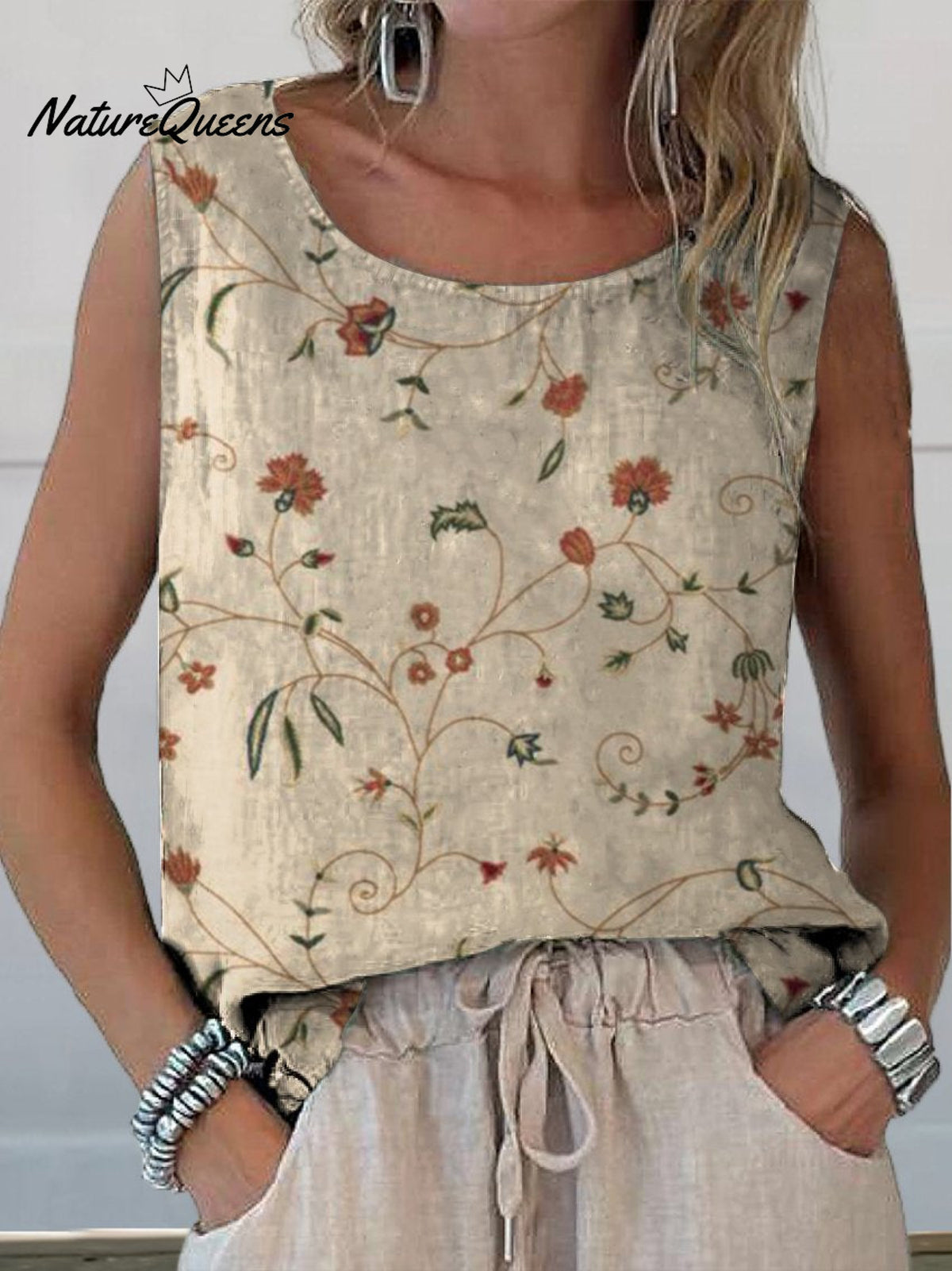 Women’s Retro Floral Art Print Casual Cotton And Linen Tank Top Multicolor / S