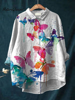 Women's Butterfly Flower Print Casual Cotton And Linen Shirt