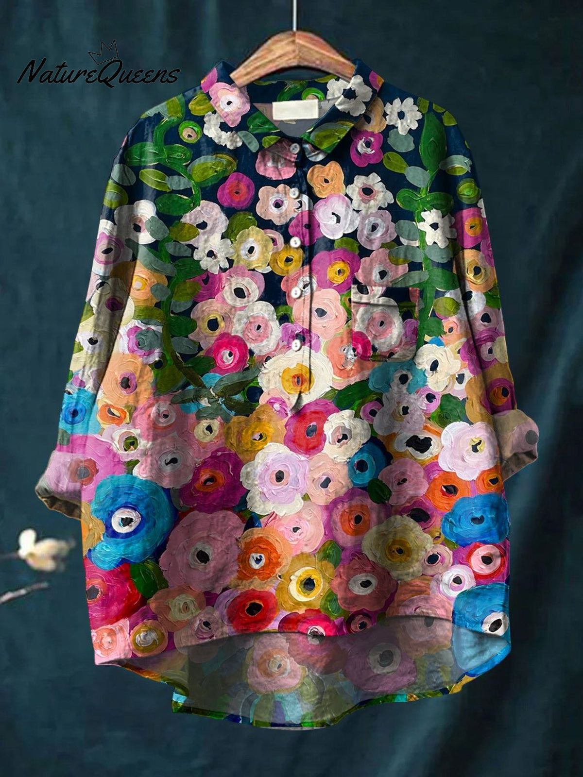 Women's Flower Art Print Casual Cotton And Linen Shirt