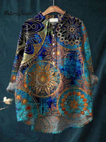 Women's Abstract Art Print Casual Cotton And Linen Shirt