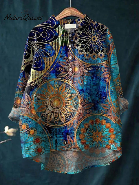 Women's Abstract Art Print Casual Cotton And Linen Shirt