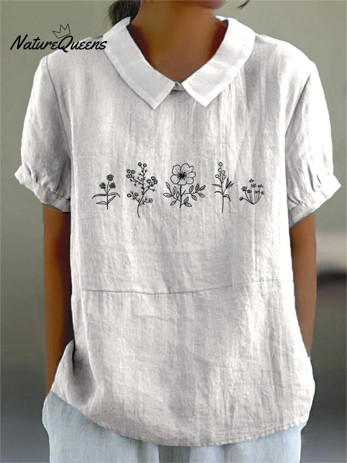 Line Drawing Floral Bush Printed Women’s Casual Cotton And Linen Shirt White / S