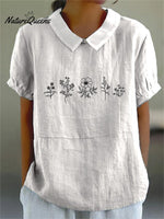 Line Drawing Floral Bush Printed Women’s Casual Cotton And Linen Shirt White / S