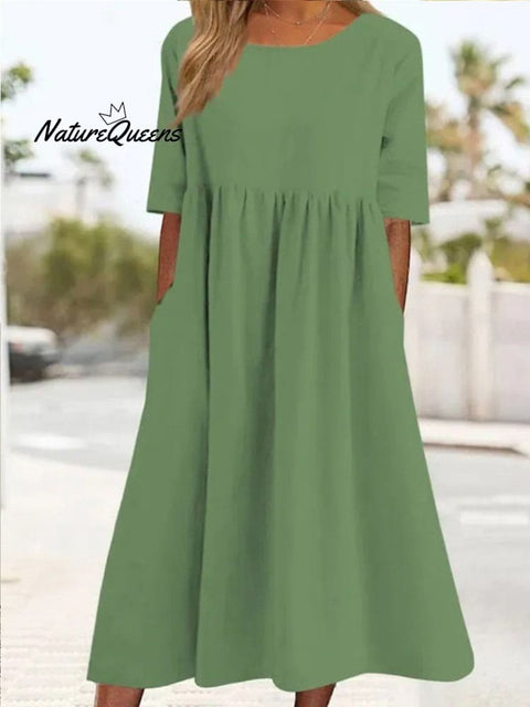 Cotton And Linen Casual Short Sleeve Pocket Pleated Loose Round Neck Dress Light Green / S