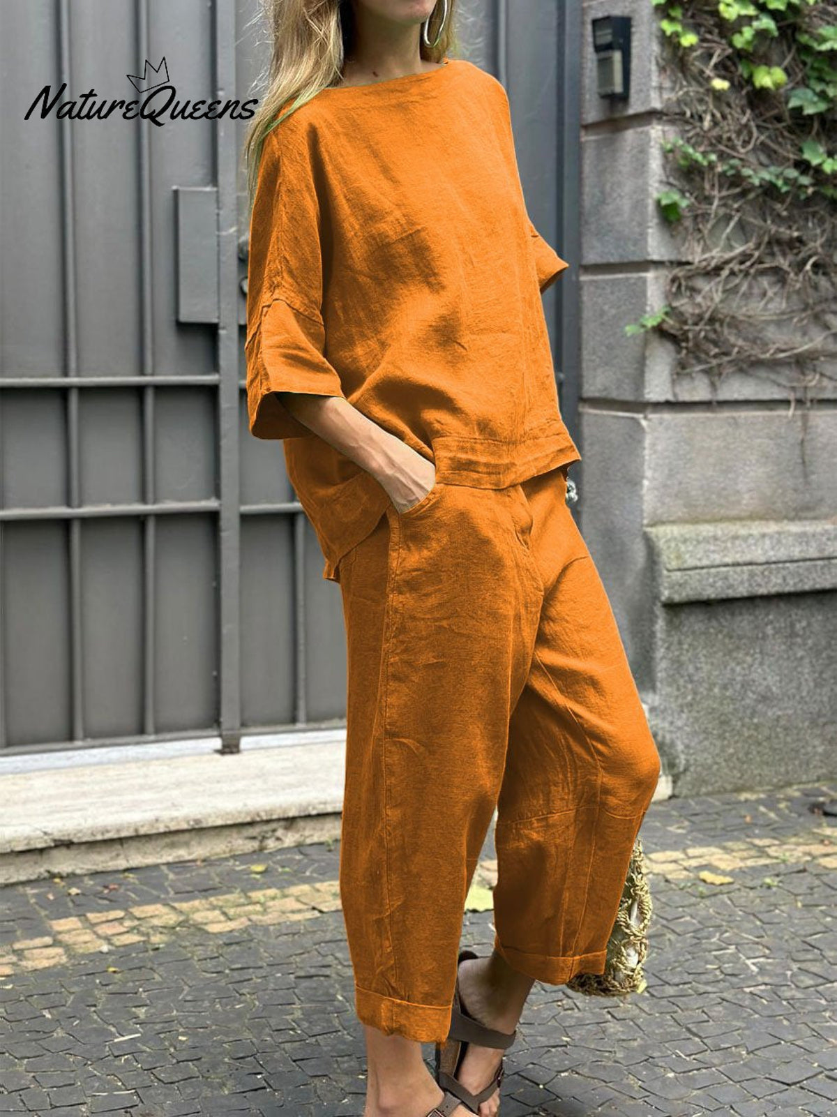 Women’s Casual Cotton And Linen Suit Orange / S