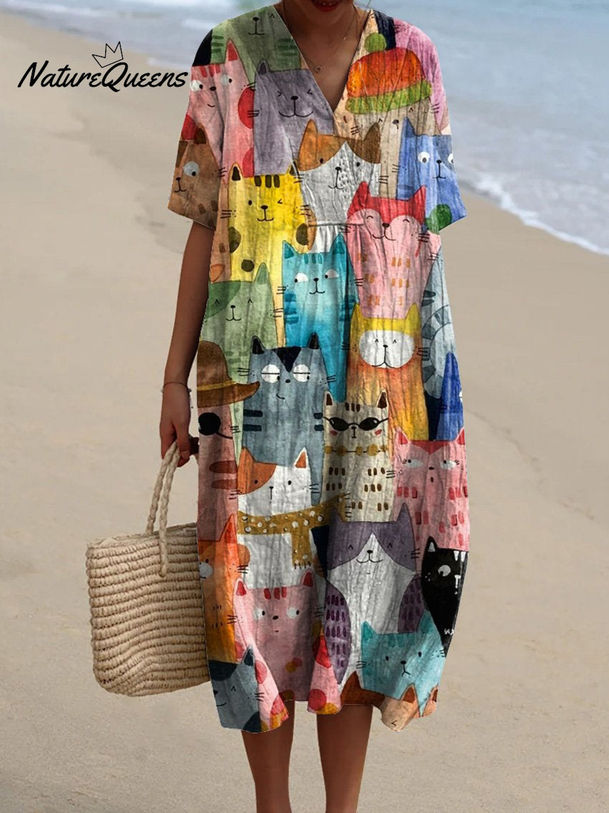 Watercolor Cute Cats Repeat Pattern Printed Women's Flowy Dress