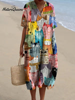 Watercolor Cute Cats Repeat Pattern Printed Women's Flowy Dress