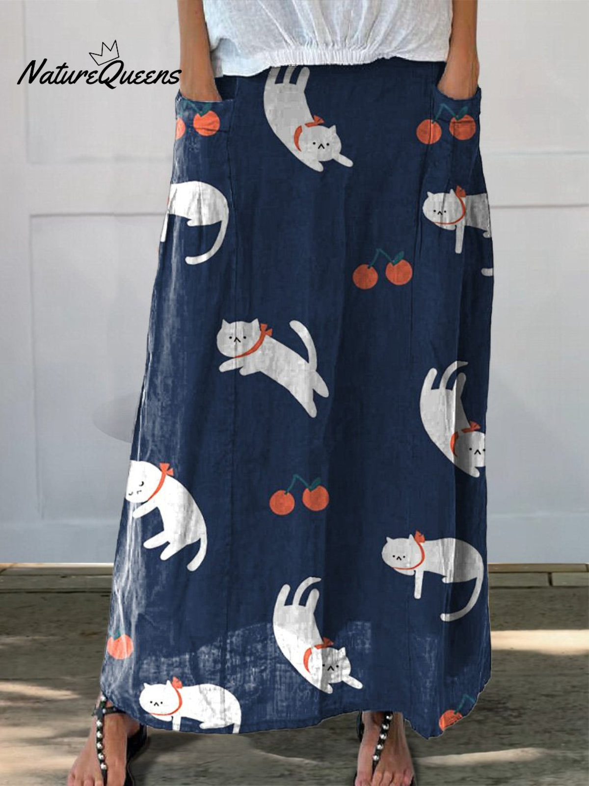 Lovely Cartoon Cat And Cherry Pattern Printed Women's Linen Pocket Skirt