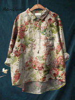 Women's Vintage Floral Art Print Casual Cotton And Linen Shirt