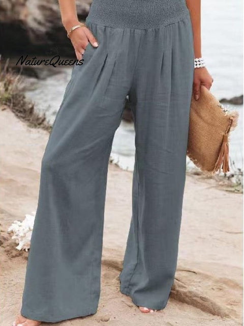 Women’s Cotton And Linen Elasticated Waist - Waisted Wide - Leg Pants Grey / S