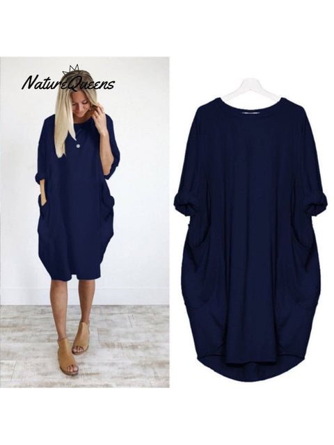 Women’s Solid Color Loose Elegant Casual Long - Sleeved Pocket Dress Navy / S