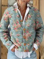 Romantic French Rose Pattern Printed Buttoned Cardigan Sweater