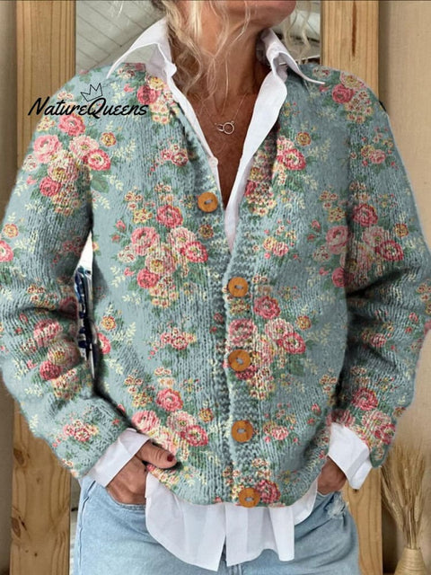 Romantic French Rose Pattern Printed Buttoned Cardigan Sweater