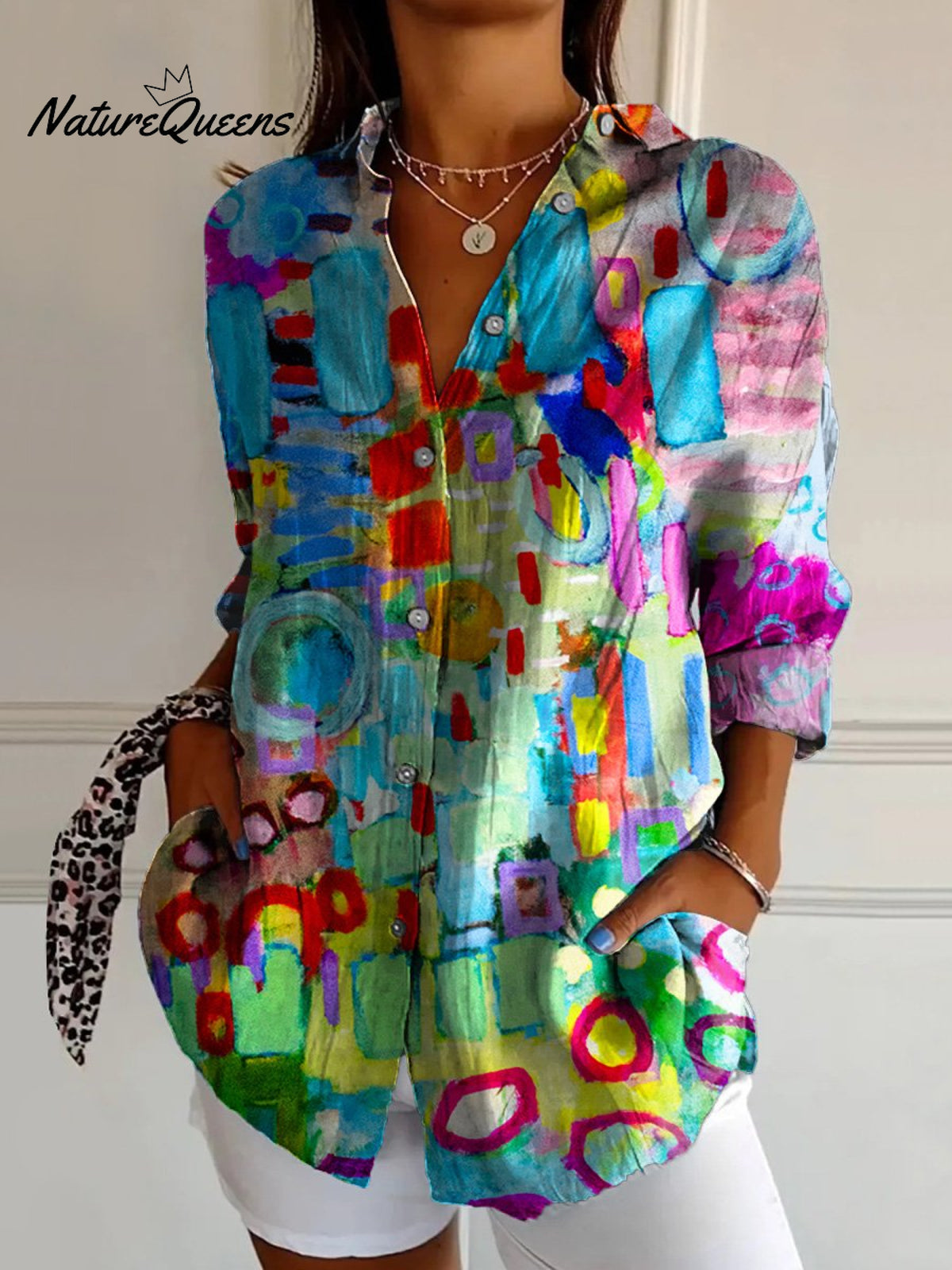 Colorful Abstract Painting Printed Women's Casual Cotton Shirt