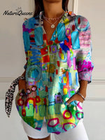 Colorful Abstract Painting Printed Women's Casual Cotton Shirt