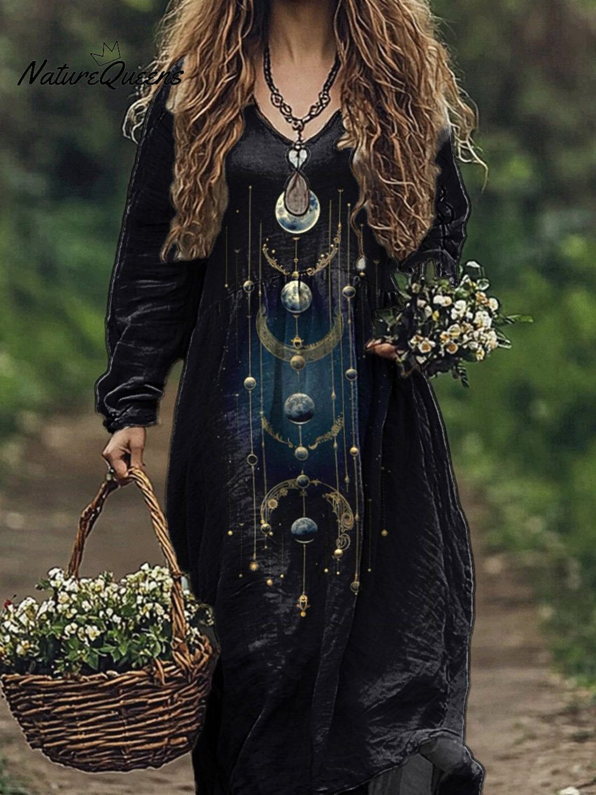 Mysterious Crecent Moon Art Printed Women's Pocket Cotton Dress