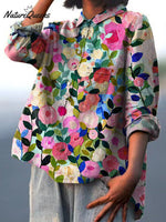 Colorful Spring Floral Garden Printed Women's Casual Cotton And Linen Shirt