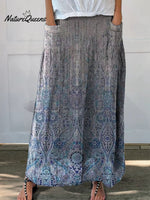 Women’s Retro Elegant Ethnic Art Pattern Print Linen Pocket Skirt