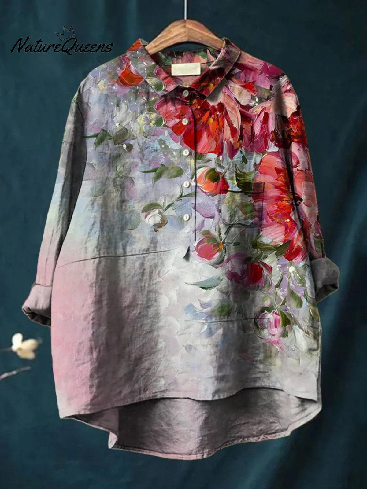 Oil Painting Peony Art Printed Women's Casual Cotton And Linen Shirt