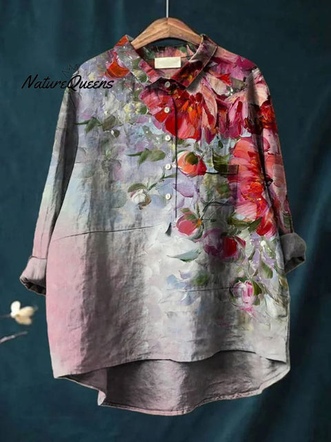 Oil Painting Peony Art Printed Women's Casual Cotton And Linen Shirt