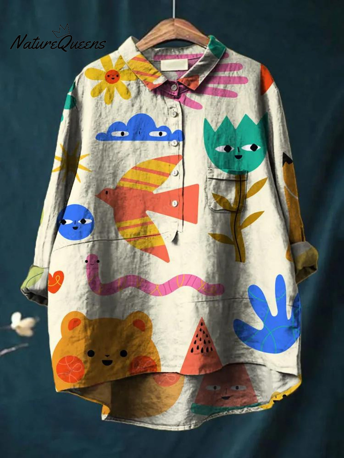 Lovely Cartoon Character Pattern Printed Women's Casual Cotton And Linen Shirt