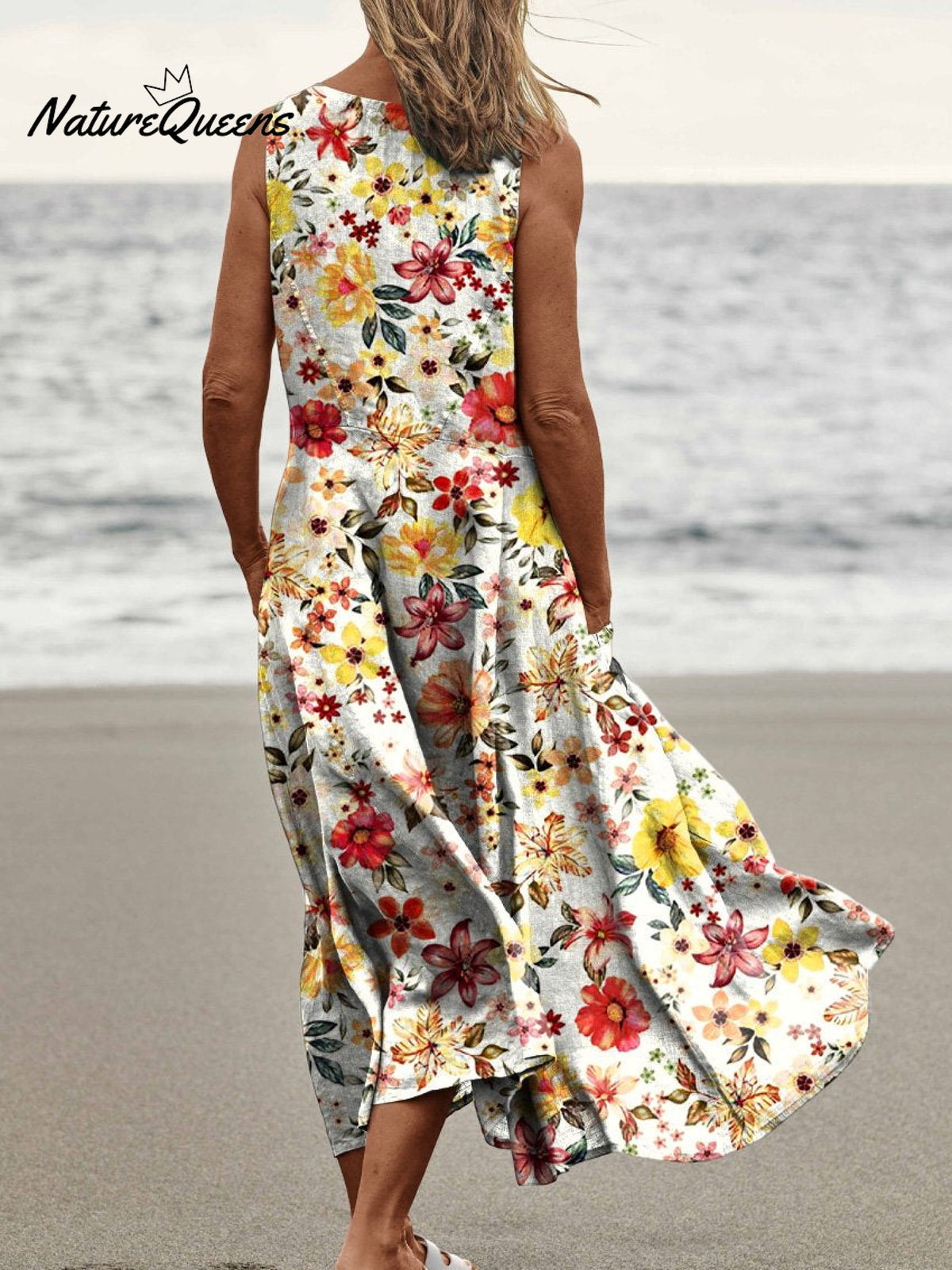 Assorted Tropical Floral Repeat Pattern Printed Women’s Pocket Pinafore Linen Dress