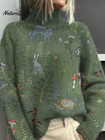 Woodland And Animal Pattern Printed Knit Turtleneck Pullover Sweater