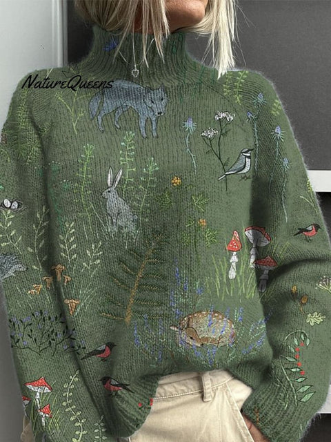 Woodland And Animal Pattern Printed Knit Turtleneck Pullover Sweater