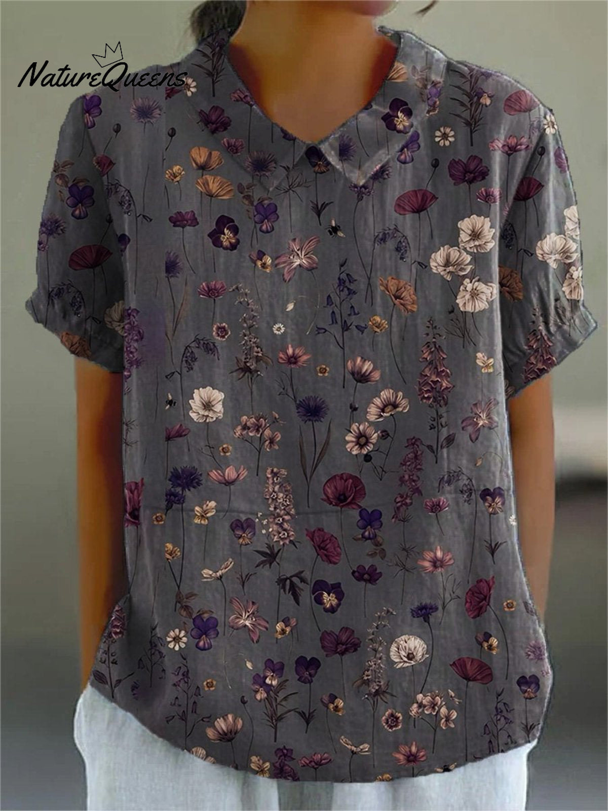 Women’s Flower Art Print Casual Cotton And Linen Shirt Multicolor / S