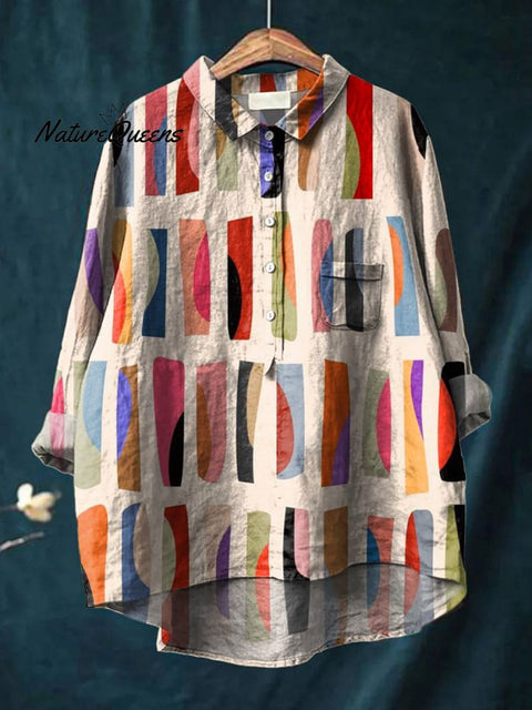 Geometric Block Pattern Printed Women's Casual Cotton And Linen Shirt