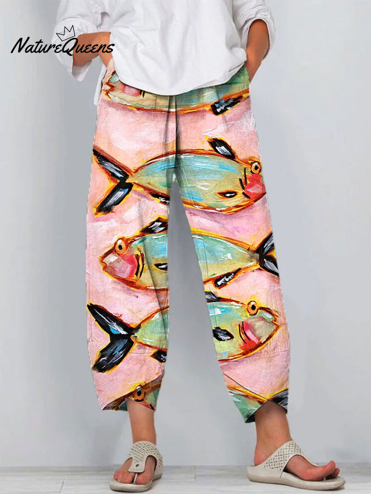 Women's Vintage Fish Art Print Cotton And Linen Casual Pants