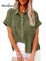 Women’s Solid Color Button Down Short Sleeve Shirt Green / S