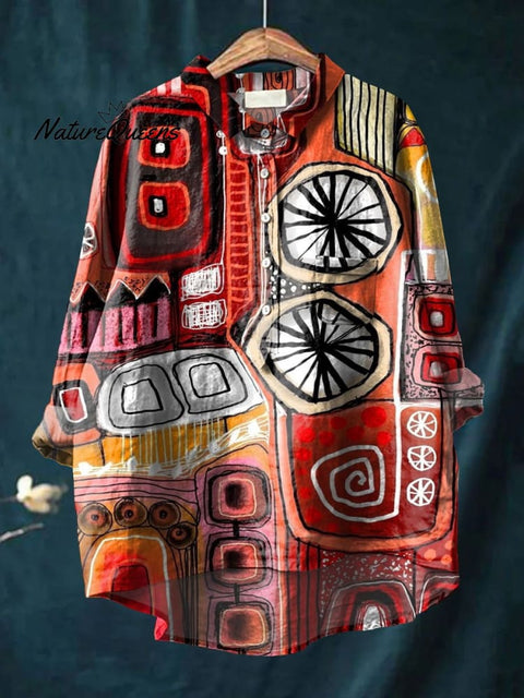 Women's Abstrct Art  Print Casual Cotton And Linen Shirt