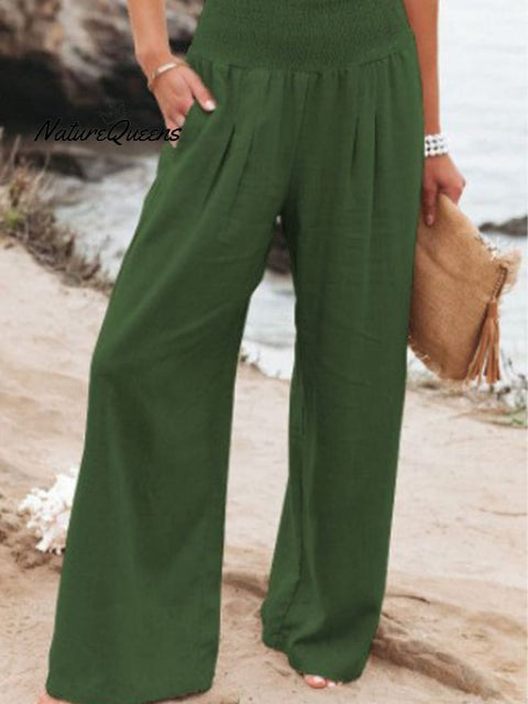 Women’s Cotton And Linen Elasticated Waist - Waisted Wide - Leg Pants Green / S