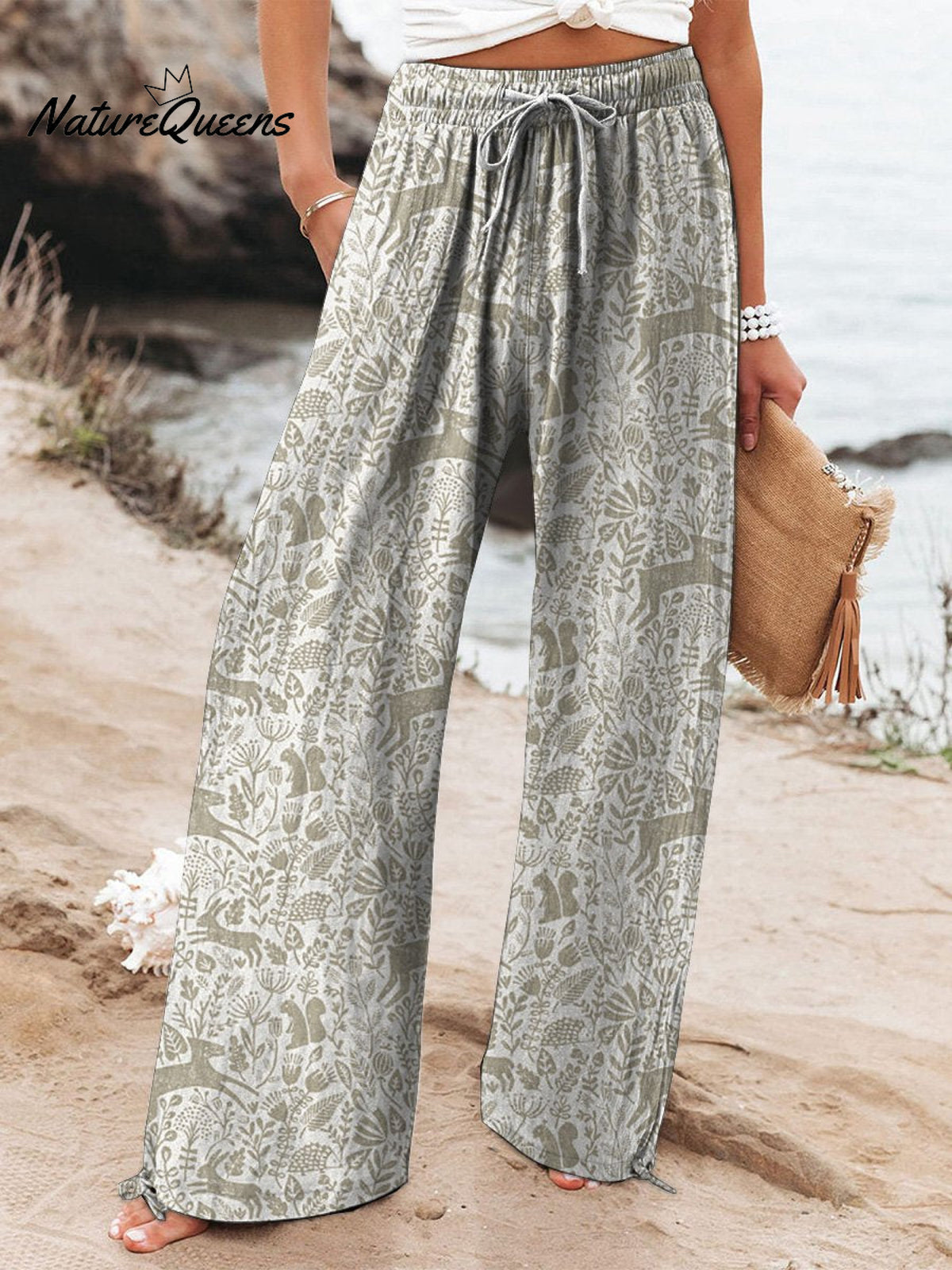 Batik Style Spring Woodland Pattern Printed Women’s Cotton And Linen Casual Pants Sand / S