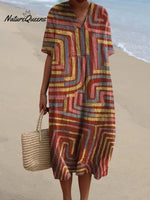 Women's Hand Drawn Colorful Geometric Line Print Flowing Dress